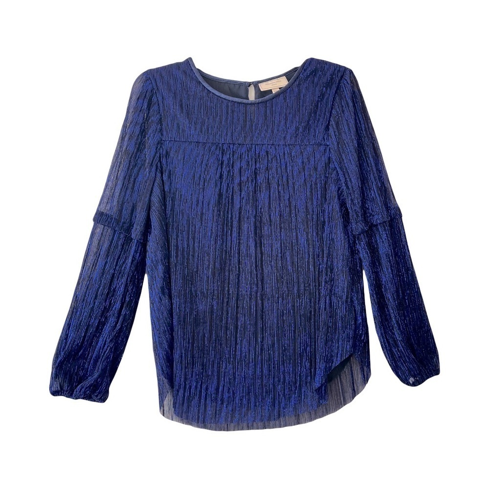 Anthropologie Moulinette Soeurs | Metallic Blue Ruffled Shimmer Blouse, Medium